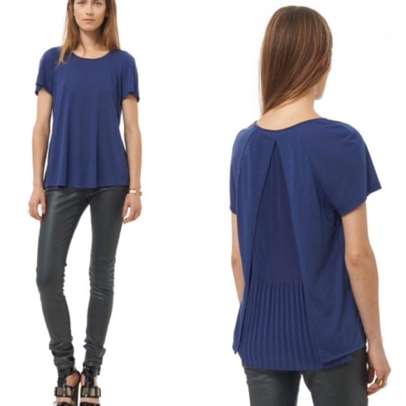 REBECCA TAYLOR SMALL SHORT SLEEVE BLUE TOP WITH SHEER PLEATED BACK - Picture 2 of 8